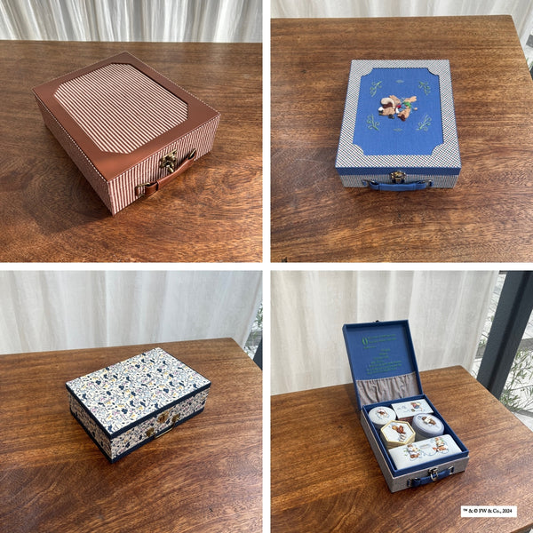 トランクボックスのバリエーション。お好みでアレンジできます。※蓋の刺繍は参考図案です。