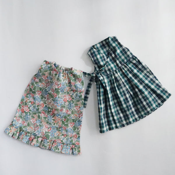 【材料セット】クゥクゥ着せ替え　花柄のワンピースとカシュクールワンピース（フランダースリネンとタータンチェック）